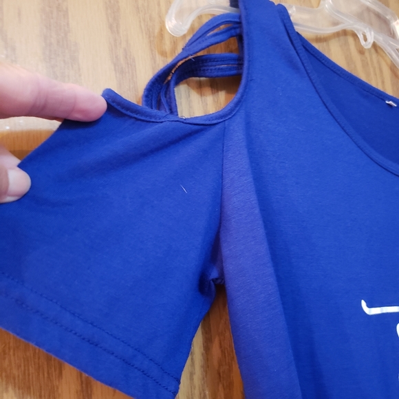 Beautiful, royal blue, cold shoulder blouse with "Faith" on front. Like new. - Picture 3 of 5